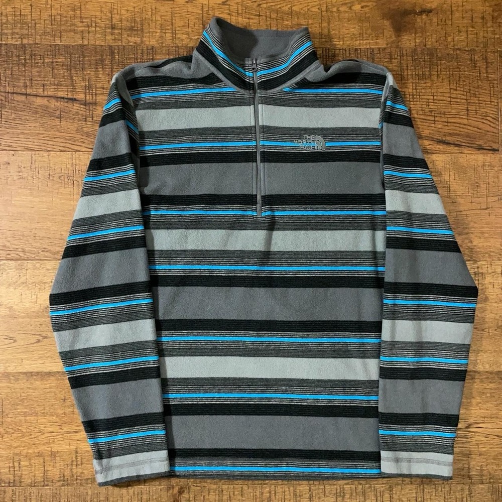 The North Face Fleece Quarter Zip Mens Size M Grey Blue Striped Goth Outdoor